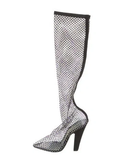 Pre-owned Saint Laurent Mesh Crystal Embellishments Boots In Black