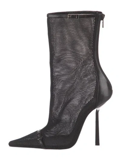 Pre-owned Saint Laurent Mesh Leather Trim Embellishment Boots In Black