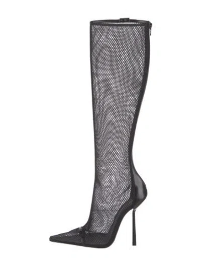 Pre-owned Saint Laurent Mesh Leather Trim Embellishment Boots In Black