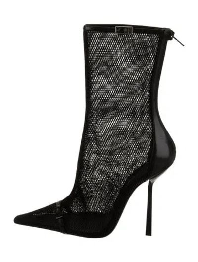 Pre-owned Saint Laurent Mesh Leather Trim Embellishment Boots In Black