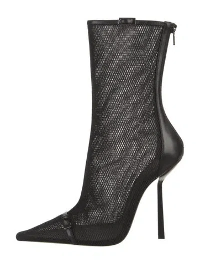 Pre-owned Saint Laurent Mesh Leather Trim Embellishment Boots In Black