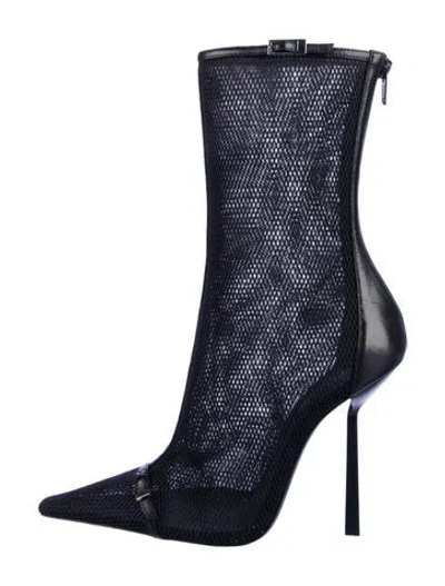 Pre-owned Saint Laurent Mesh Leather Trim Embellishment Boots W/ Tags In Black