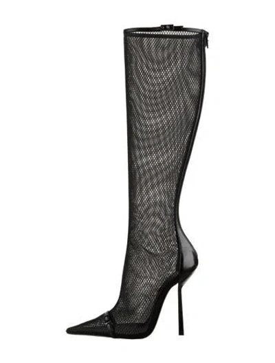 Pre-owned Saint Laurent Mesh Leather Trim Embellishment Boots W/ Tags In Black