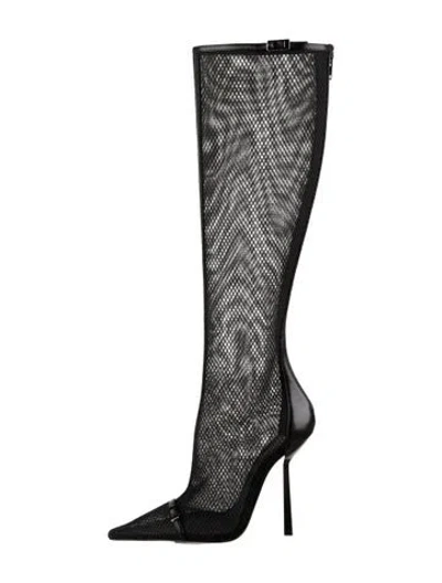 Pre-owned Saint Laurent Mesh Leather Trim Embellishment Boots W/ Tags In Black
