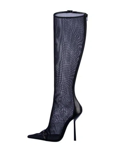 Pre-owned Saint Laurent Mesh Leather Trim Embellishment Boots W/ Tags In Blue