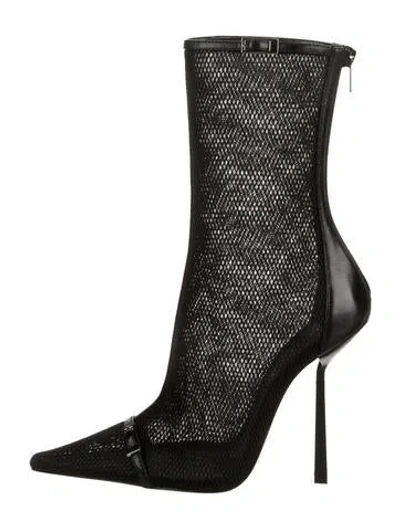 Pre-owned Saint Laurent Mesh Leather Trim Embellishment Sock Boots In Black