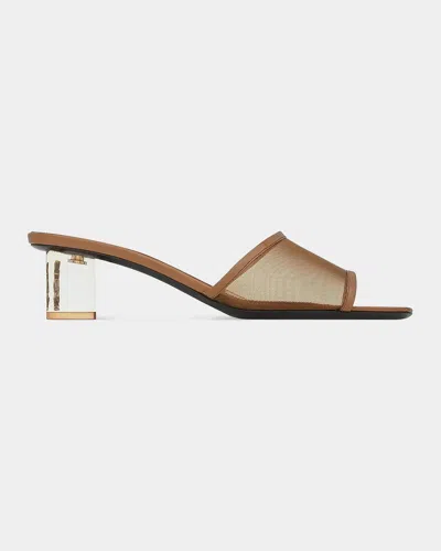 Saint Laurent Mesh Mule Sandals W/ Plexi Heel In Cognac/nov