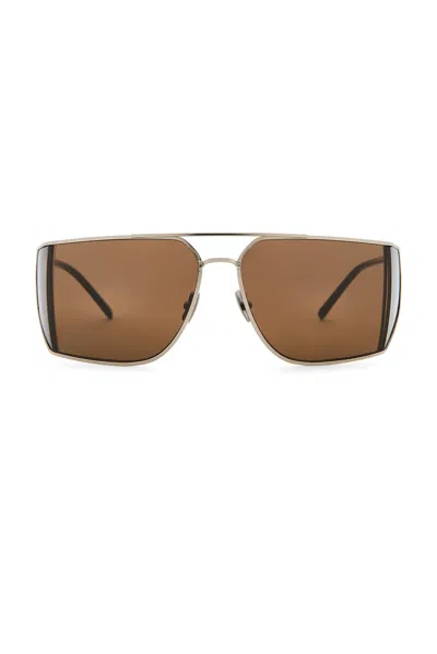 Saint Laurent Metal Rectangular Sunglasses In Silver & Brown