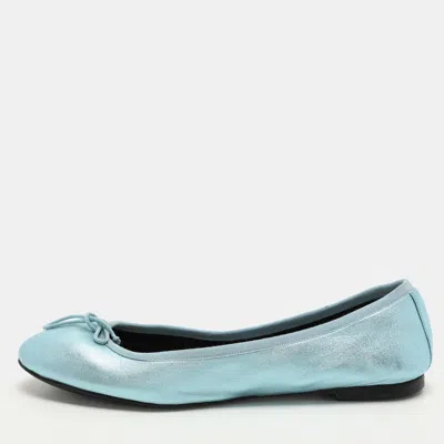 Pre-owned Saint Laurent Metallic Blue Leather Bow Ballet Flats Size 36