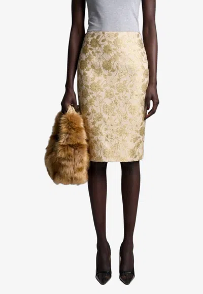 Saint Laurent Metallic Brocade Pencil Skirt In Gold