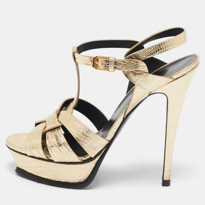 Pre-owned Saint Laurent Metallic Croc Embossed Leather Tribute Platform Sandals Size 40