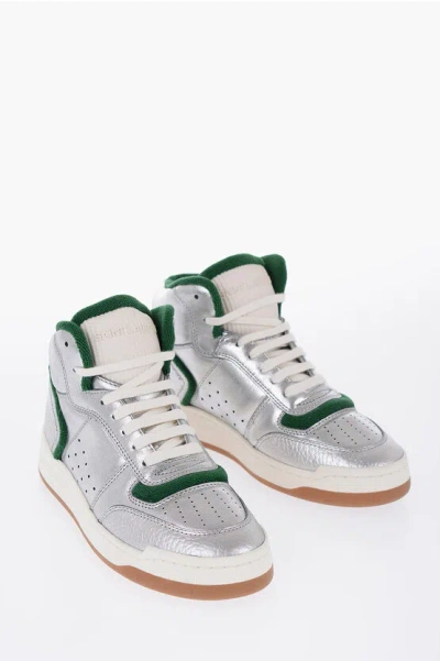 Saint Laurent Metallic Effect Leather High-top Sneakers In White