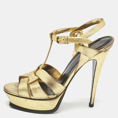 Pre-owned Saint Laurent Metallic Gold Leather Tribute Sandals Size 40