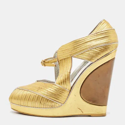 Pre-owned Saint Laurent Metallic Gold Leather Venice Sculpted Wedge Platform Sandals Size 39