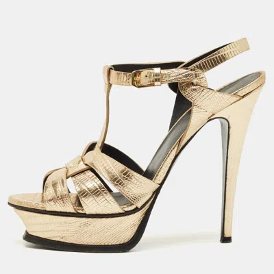 Pre-owned Saint Laurent Metallic Gold Lizard Embossed Leather Tribute Platform Sandals Size 39.5