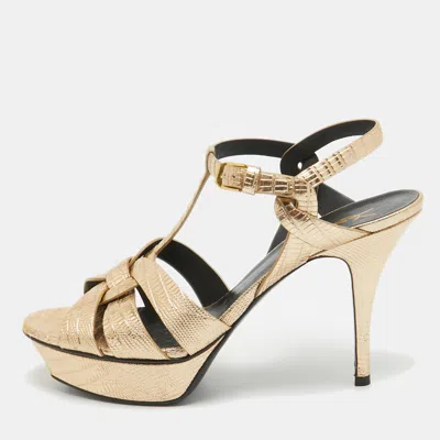 Pre-owned Saint Laurent Metallic Gold Lizard Embossed Leather Tribute Sandals Size 40