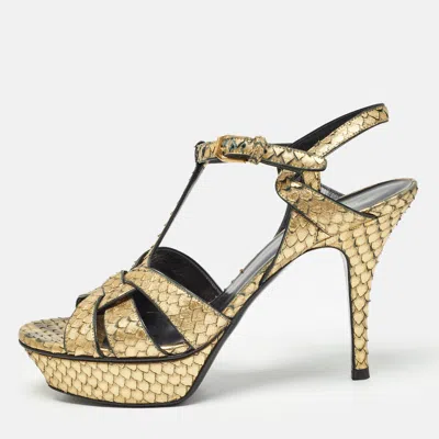 Pre-owned Saint Laurent Metallic Gold Python Embossed Leather Tribute Sandals Size 40