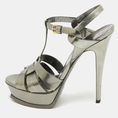 Pre-owned Saint Laurent Metallic Grey Leather Tribute Sandals Size 39