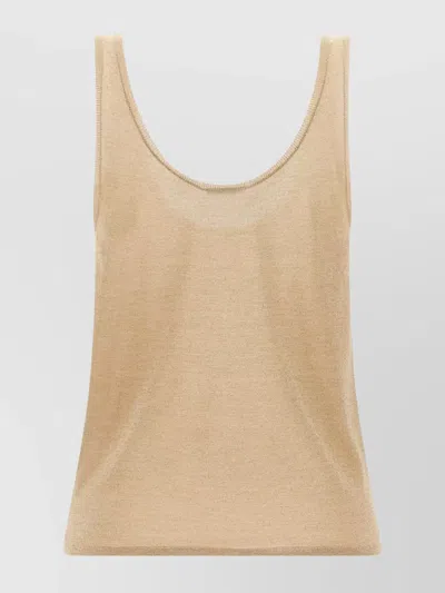 Saint Laurent Metallic Knit Scoop Neck Top In Brown