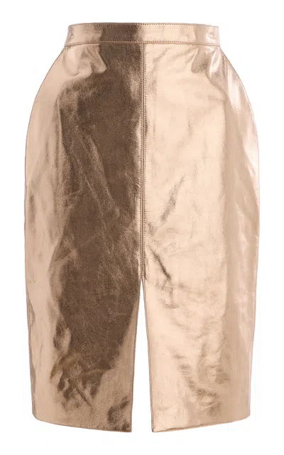 Saint Laurent Metallic Leather Midi Skirt In Gold