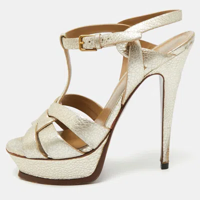 Pre-owned Saint Laurent Metallic Leather Tribute Platform Sandals Size 38 In Silver