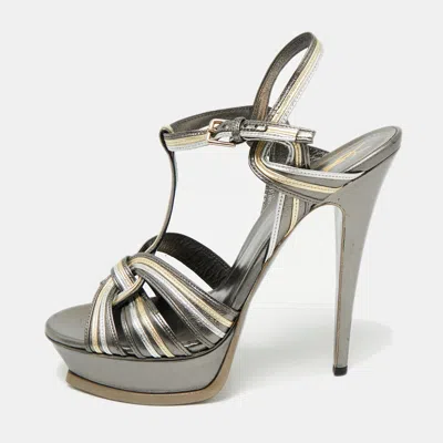 Pre-owned Saint Laurent Metallic Leather Tribute Sandals Size 41 In Silver