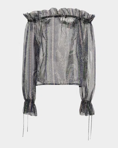 Saint Laurent Metallic Paisley Ruffle Off-the-shoulder Blouse In Indigo
