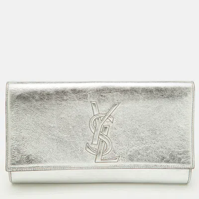 Pre-owned Saint Laurent Metallic Silver Leather Belle De Jour Flap Clutch