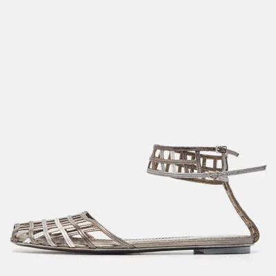 Pre-owned Saint Laurent Metallic Tricolor Leather Caged Ankle Strap Flats Size 40