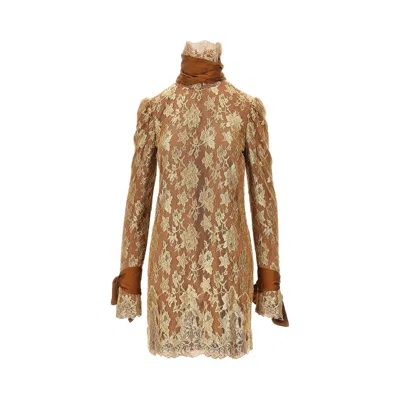 Saint Laurent Metallized Lace And Silk Mini Dress In Brown