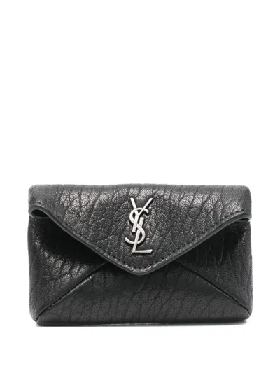 Saint Laurent Micro Cassandre Grained Wallet In Brown