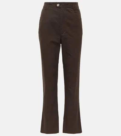 Saint Laurent Mid-rise Cotton Straight Trousers In Brown