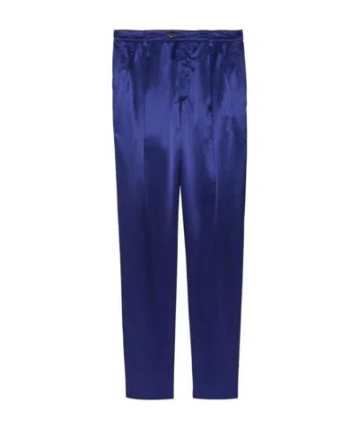 Saint Laurent Mid-rise Silk Straight Leg Trousers In Blue