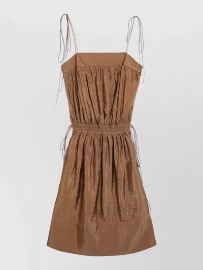 Saint Laurent Midi Dress Elasticated Waist Ruched Straps In Brown