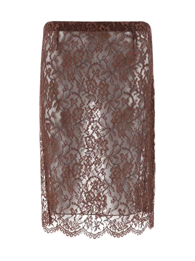Saint Laurent Floral Lace Pencil Skirt In Brown