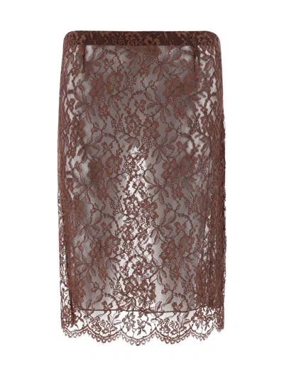 Saint Laurent Floral Lace Pencil Skirt In Brown