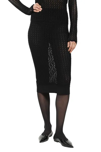 Saint Laurent Midi Skirt In Pointelle Knit In Black