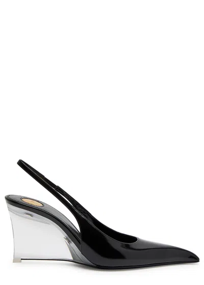 Saint Laurent Pointed Toe Glazed Leather Wedges With Transparent Heel In Black