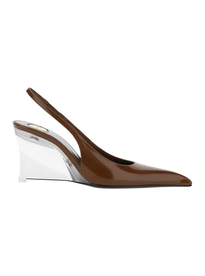 Saint Laurent 'miller' Brown Slingback Pumps With High Wedge Heel In Patent Leather Woman