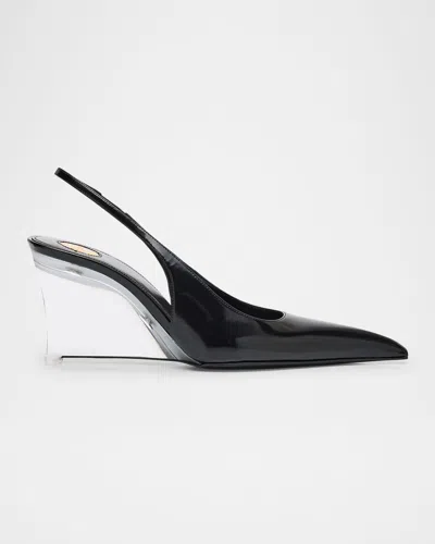 Saint Laurent Pointed Toe Glazed Leather Wedges With Transparent Heel In Black