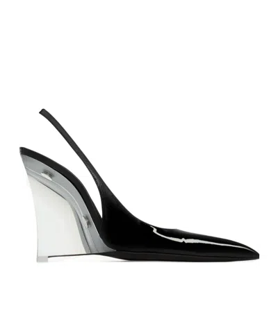 Saint Laurent Miller Patent-leather Slingback Wedge Pumps In Black