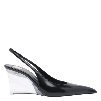 Saint Laurent Pointed Toe Glazed Leather Wedges With Transparent Heel In Black