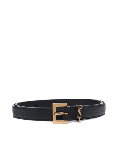 Saint Laurent Cassandre Thin Belt With Square Buckle In Grained Leather In Black