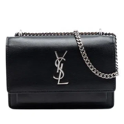 Pre-owned Saint Laurent Mini Calfskin Monogram Sunset Wallet On Chain In Black
