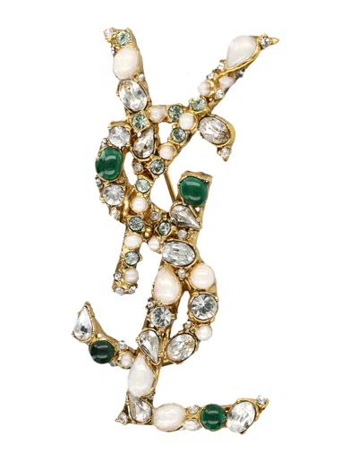 Saint Laurent Mini Cassandre Crystal Brooch In Gold