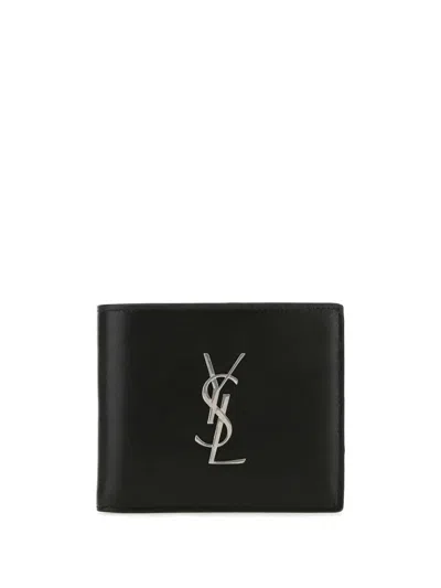Saint Laurent Mini Cassandre Etch Wallet In Black