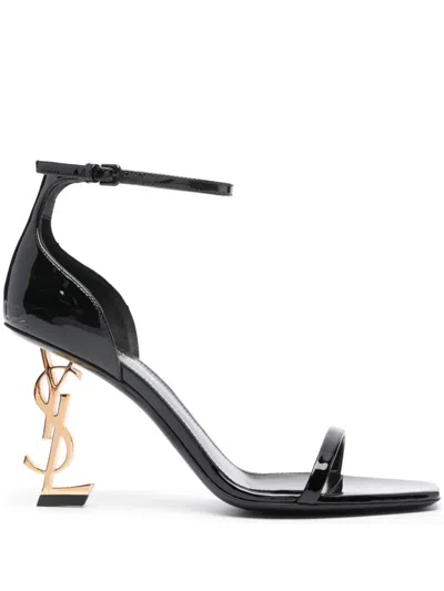 Saint Laurent Mini Cassandre Heel Sandals With Adjustable Ankle Strap - 8.5 Cm In Black
