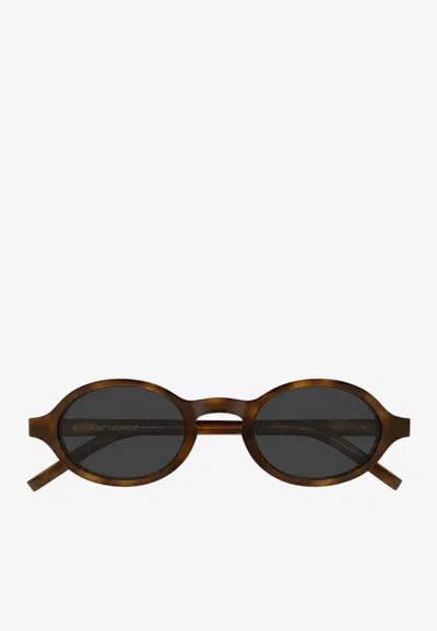 Saint Laurent Mini Cassandre Oval Sunglasses In Brown