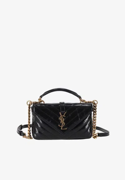 Saint Laurent Mini College Quilted Chain Handbag In Black