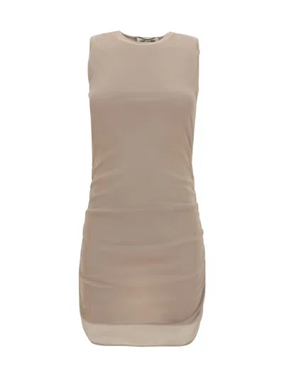Saint Laurent Stretch Tulle Short Dress In Nude